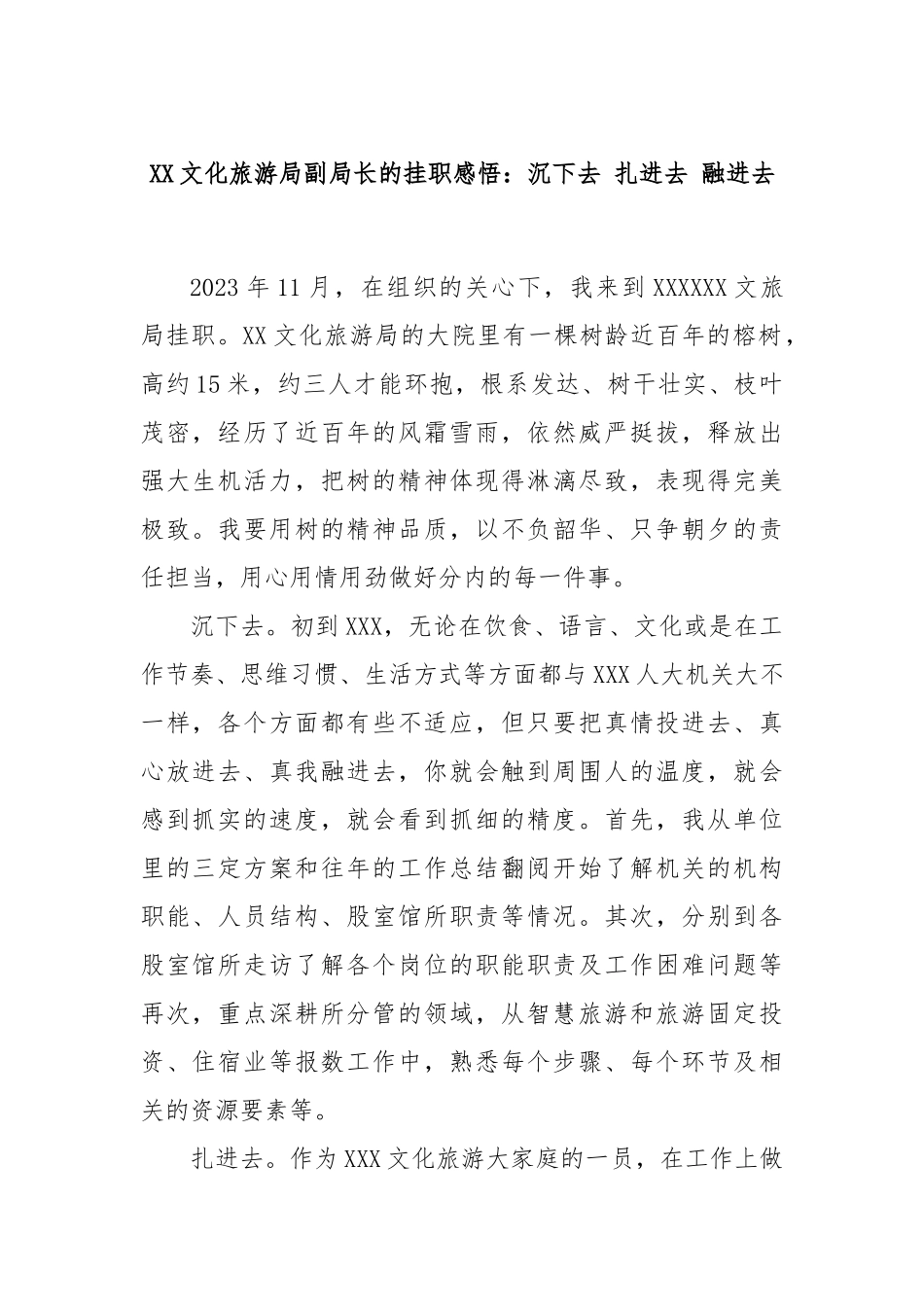 XX文化旅游局副局长的挂职感悟：沉下去 扎进去 融进去_第1页
