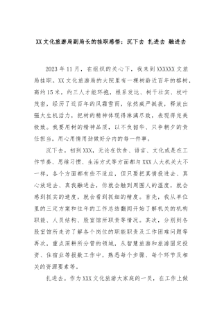 XX文化旅游局副局长的挂职感悟：沉下去 扎进去 融进去