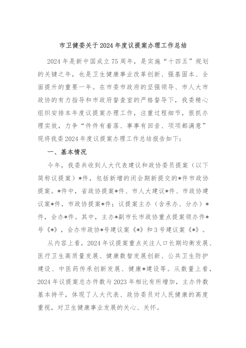市卫健委关于2024年度议提案办理工作总结_第1页