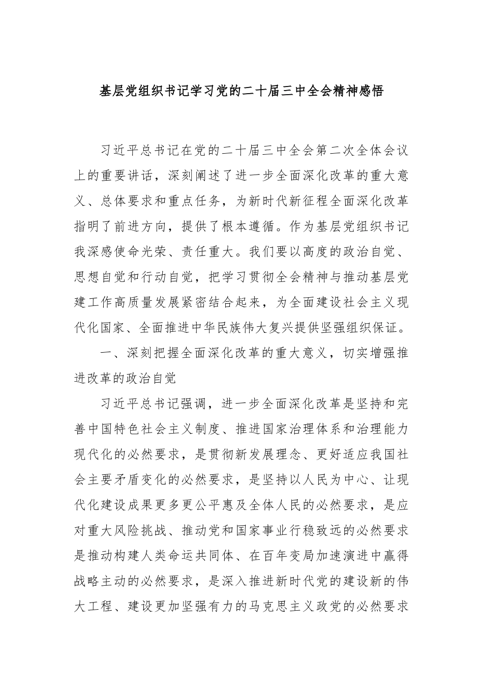 基层党组织书记学习党的二十届三中全会精神感悟_第1页