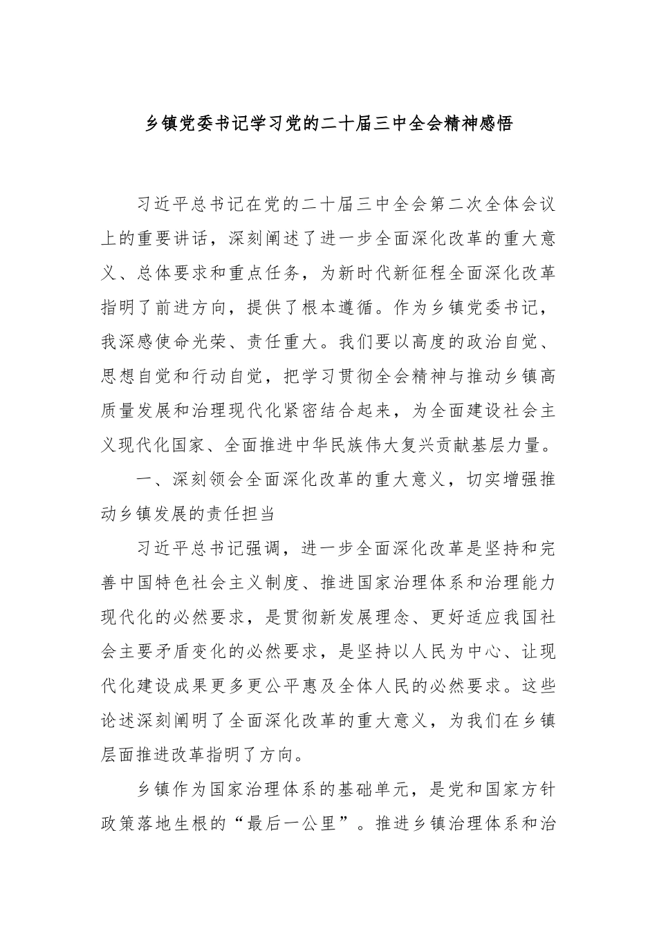 乡镇党委书记学习党的二十届三中全会精神感悟_第1页