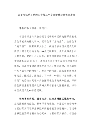 区委书记学习党的二十届三中全会精神心得体会发言