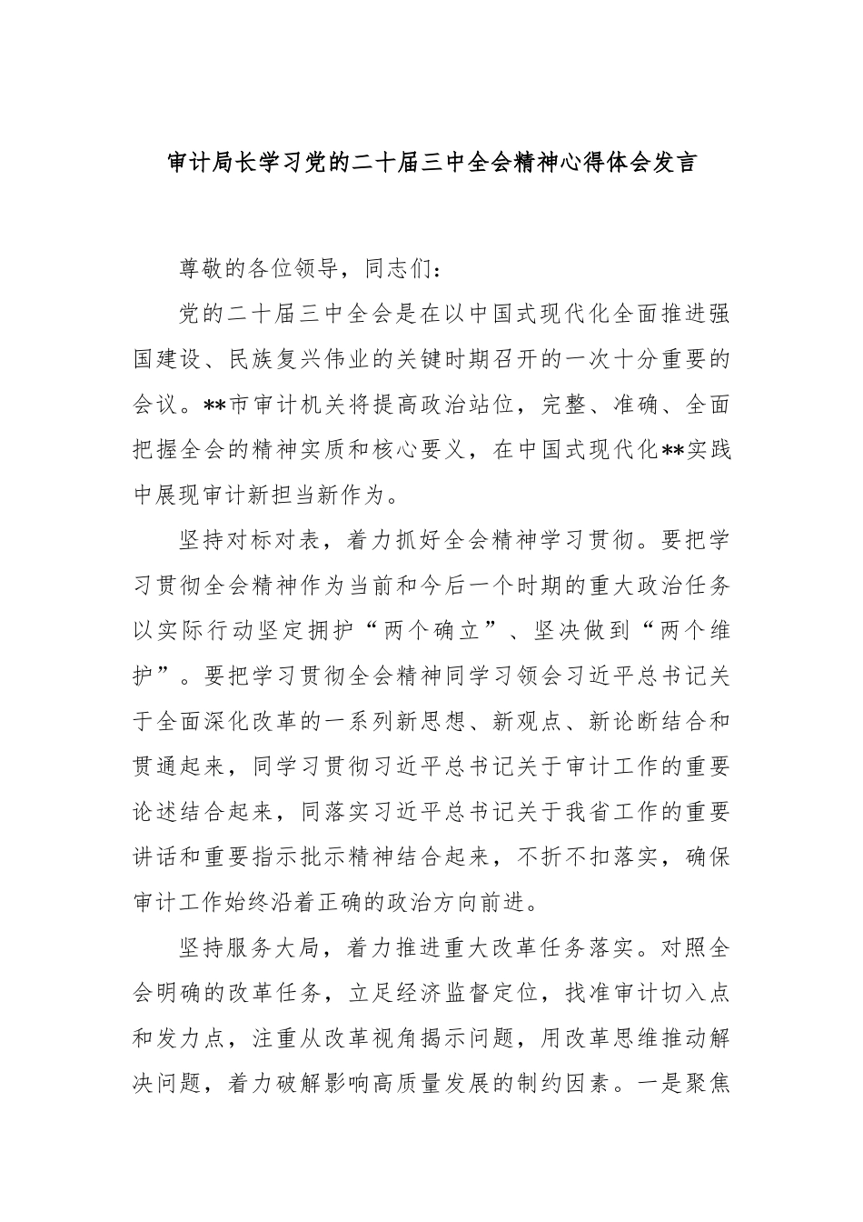 审计局长学习党的二十届三中全会精神心得体会发言_第1页