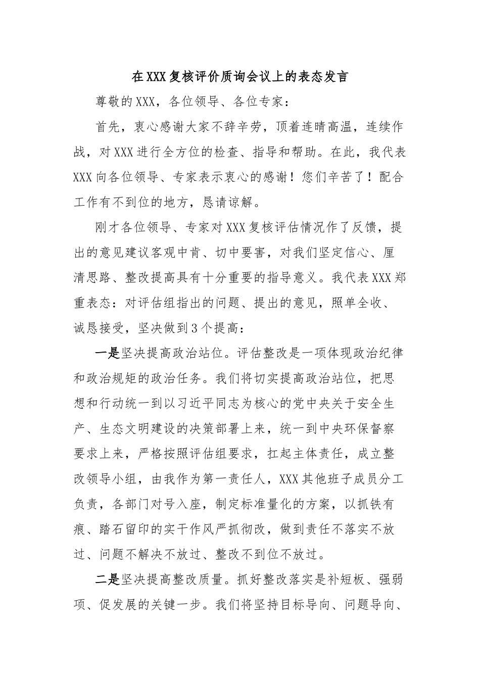 在XXX复核评价质询会议上的表态发言_第1页