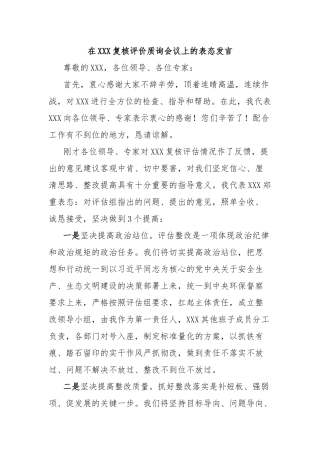在XXX复核评价质询会议上的表态发言