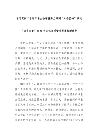 学习贯彻二十届三中全会精神努力做到“六个坚持”推进“四个注重”为XX全方位高质量发展集聚新动能