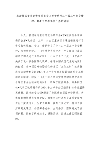 在政协区委员会常务委员会上关于学习二十届三中全会精神、部署下半年工作任务的讲话