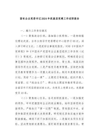 国有企业党委书记2024年抓基层党建工作述职报告