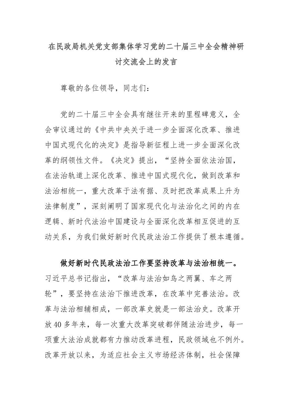 在民政局机关党支部集体学习党的二十届三中全会精神研讨交流会上的发言_第1页