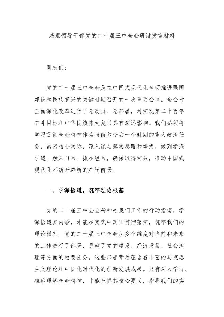 基层领导干部党的二十届三中全会研讨发言材料_第1页