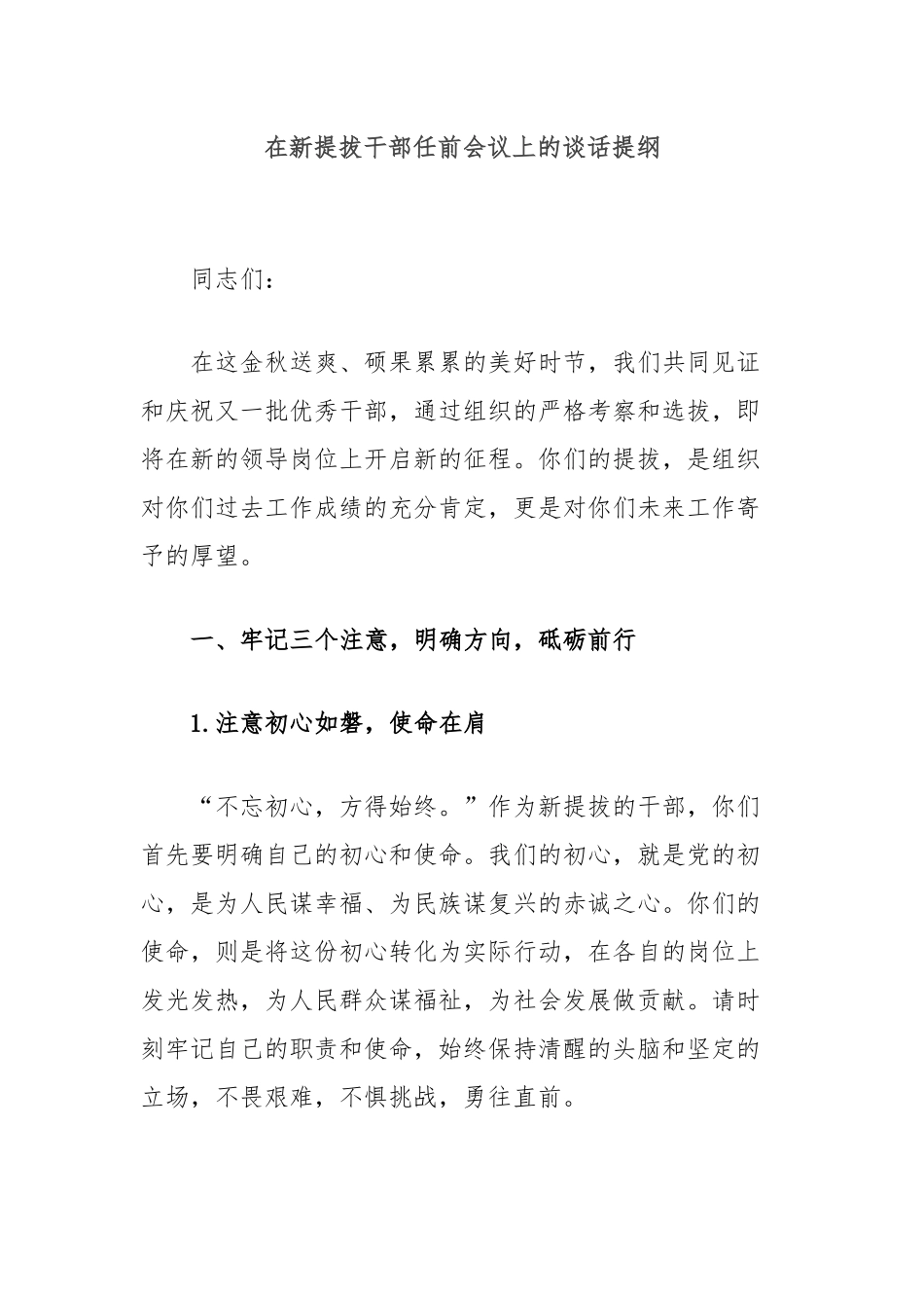 在新提拔干部任前会议上的谈话提纲_第1页