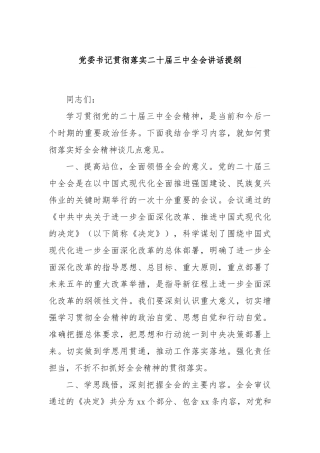 党委书记贯彻落实二十届三中全会讲话提纲
