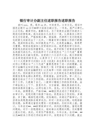 银行审计办副主任述职报告述职报告