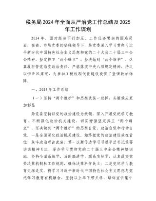 税务局2024年全面从严治党工作总结及2025年工作谋划