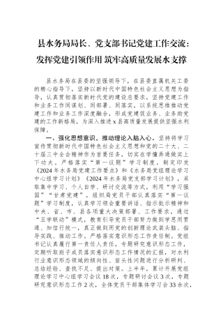 县水务局局长、党支部书记党建工作交流：发挥党建引领作用 筑牢高质量发展水支撑