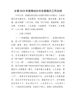 乡镇2024年度推动乡村全面振兴工作总结
