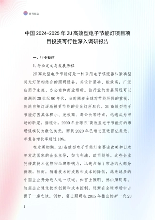 中国2024-2025年2U高效型电子节能灯项目项目投资可行性深入调研报告
