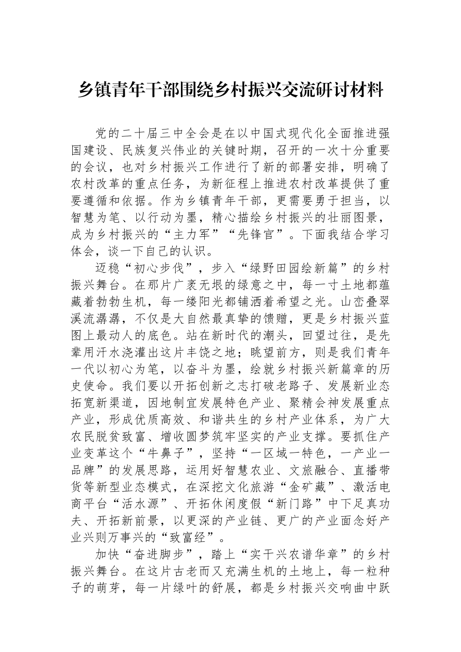 乡镇青年干部围绕乡村振兴交流研讨材料_第1页