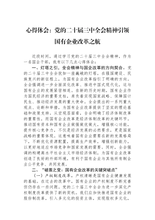 心得体会：党的二十届三中全会精神引领国有企业改革之航