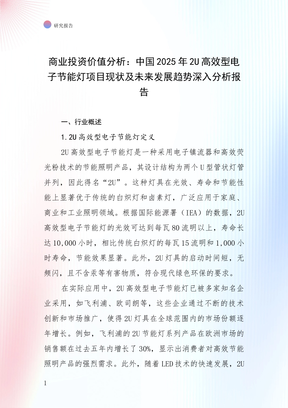 商业投资价值分析：中国2025年2U高效型电子节能灯项目现状及未来发展趋势深入分析报告_第1页