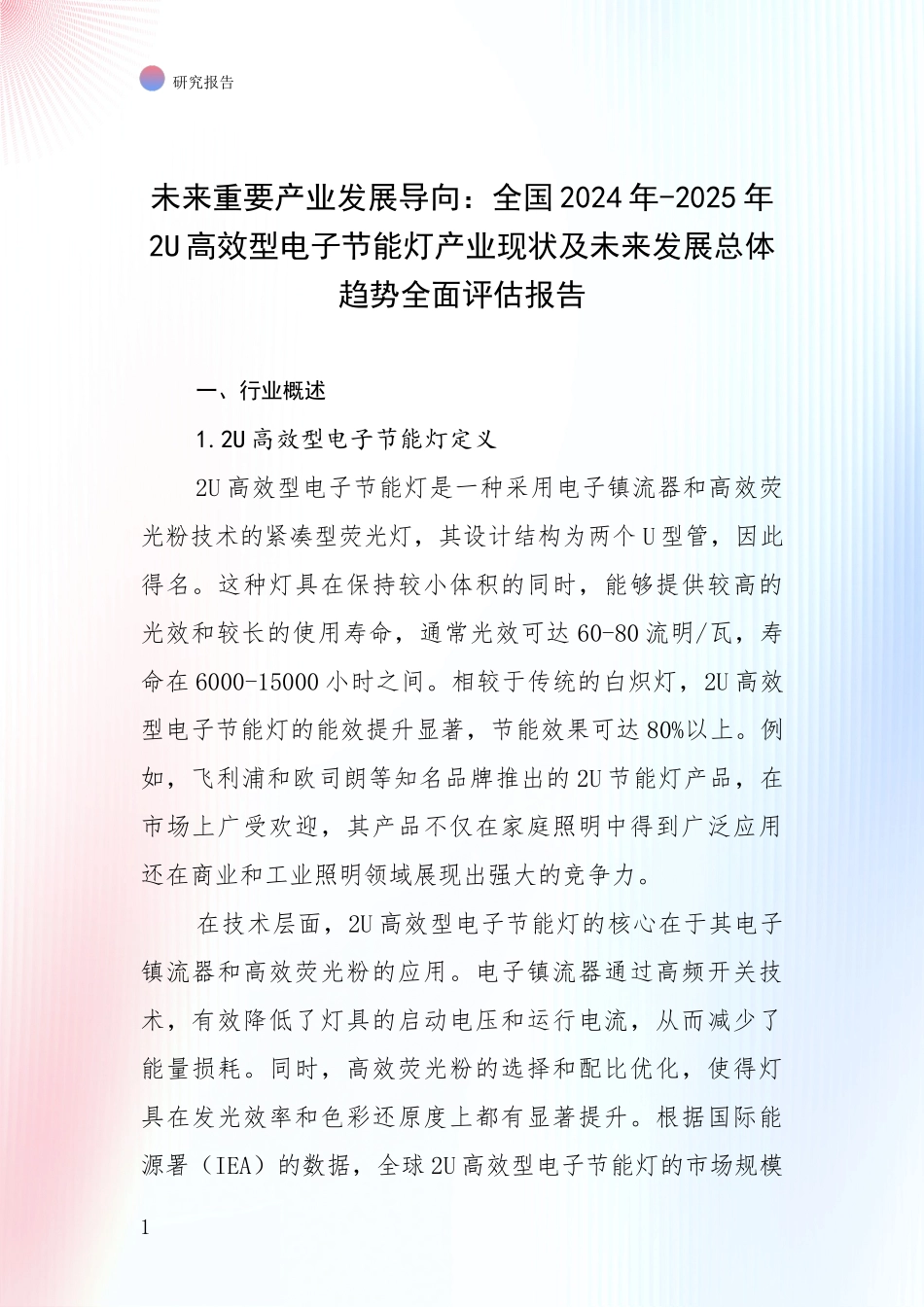 未来重要产业发展导向：全国2024年-2025年2U高效型电子节能灯产业现状及未来发展总体趋势全面评估报告_第1页