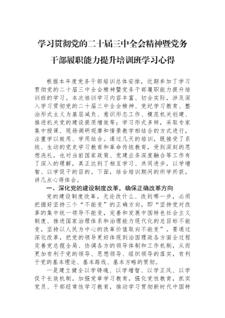 学习贯彻党的二十届三中全会精神暨党务干部履职能力提升培训班学习心得