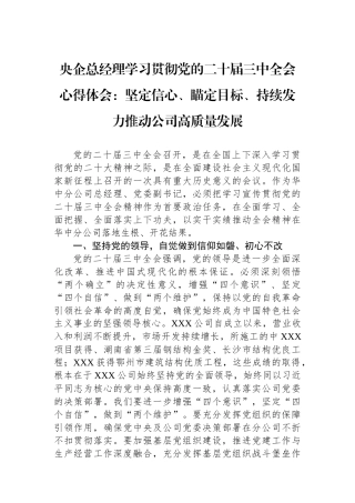 央企总经理学习贯彻党的二十届三中全会心得体会：坚定信心、瞄定目标、持续发力推动公司高质量发展
