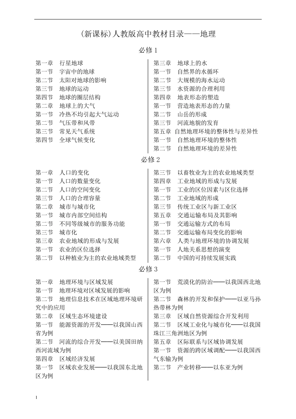 (新课标)人教版高中地理教材目录_第1页