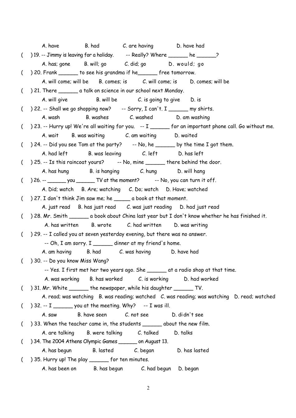 01动词时态,语态巩固练习及参考答案_第2页