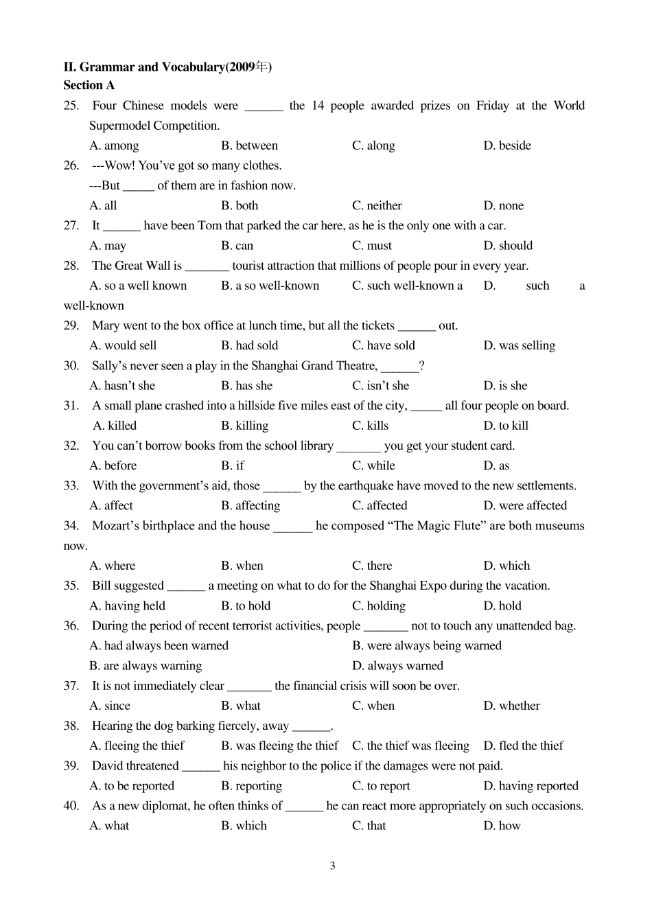 0610年上海英语高考语法选择题(汇总)附答案_第3页
