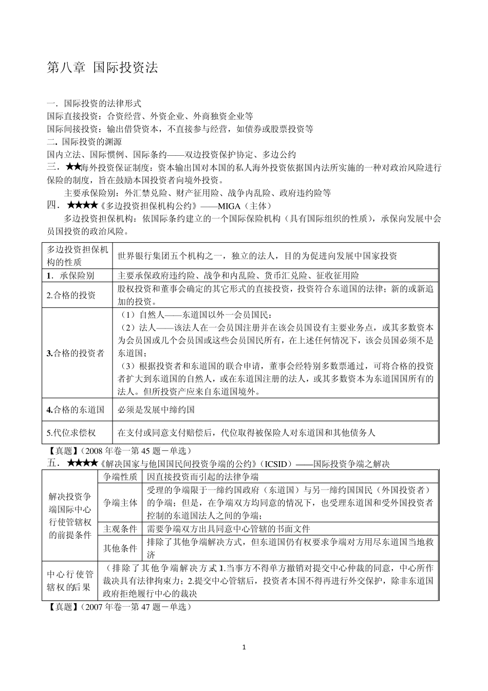 07《国际经济法》重点知识、司考真题与案例(国际投资法、国际金融法)_第1页