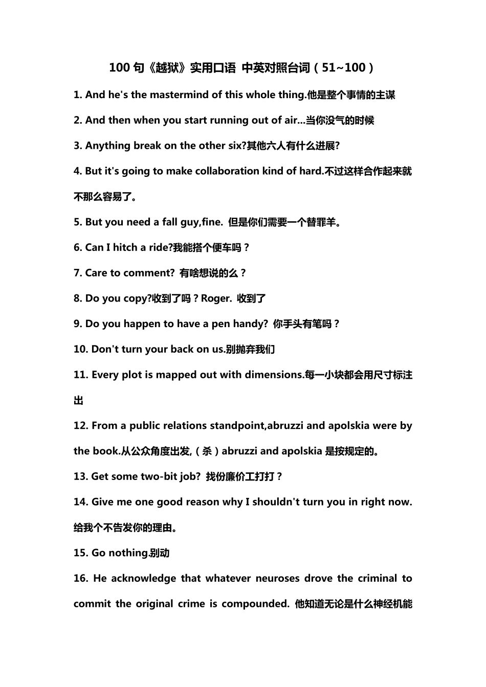 100句《越狱》实用口语中英对照台词(51~100)_第1页