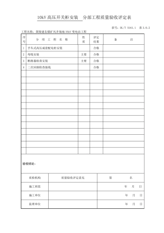 10kV配电柜安装分部工程质量验收评定表
