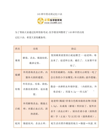 145种中药功效记忆口诀