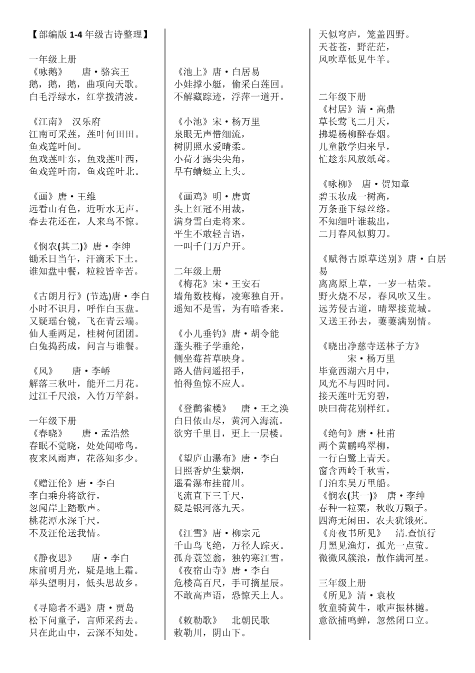 14年级部编版小学语文古诗词整理(可打印)_第1页