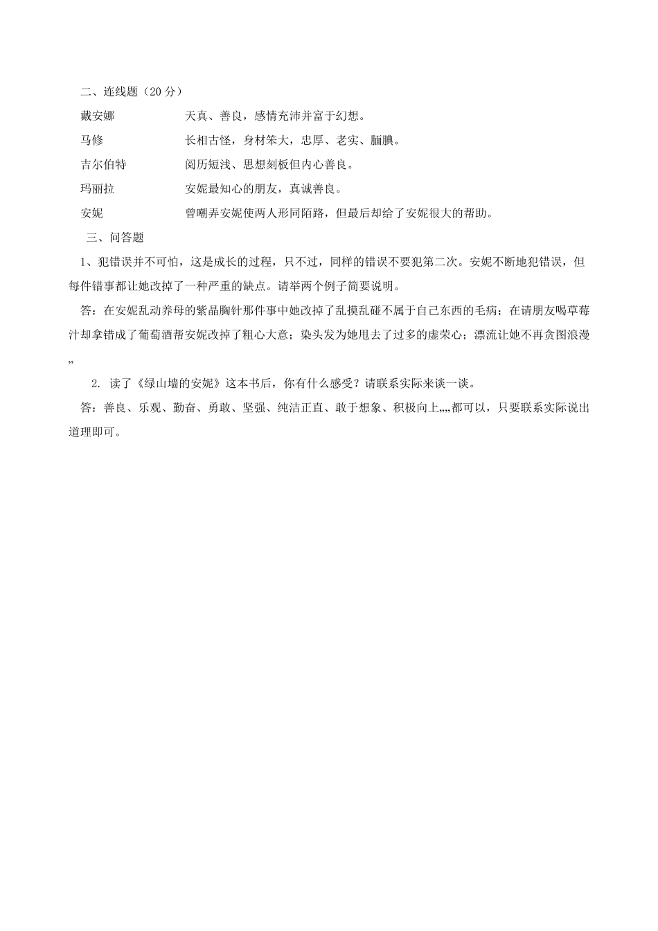 17.10.9绿山墙的安妮必读书目阅读检测题及答案+读后感_第2页