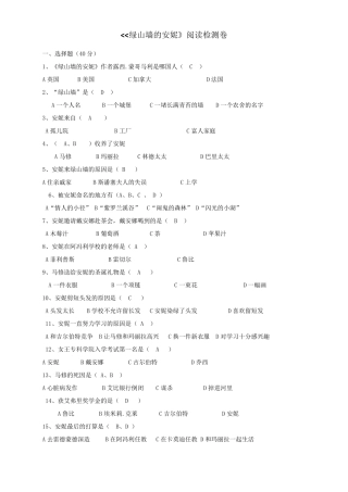 17.10.9绿山墙的安妮必读书目阅读检测题及答案+读后感