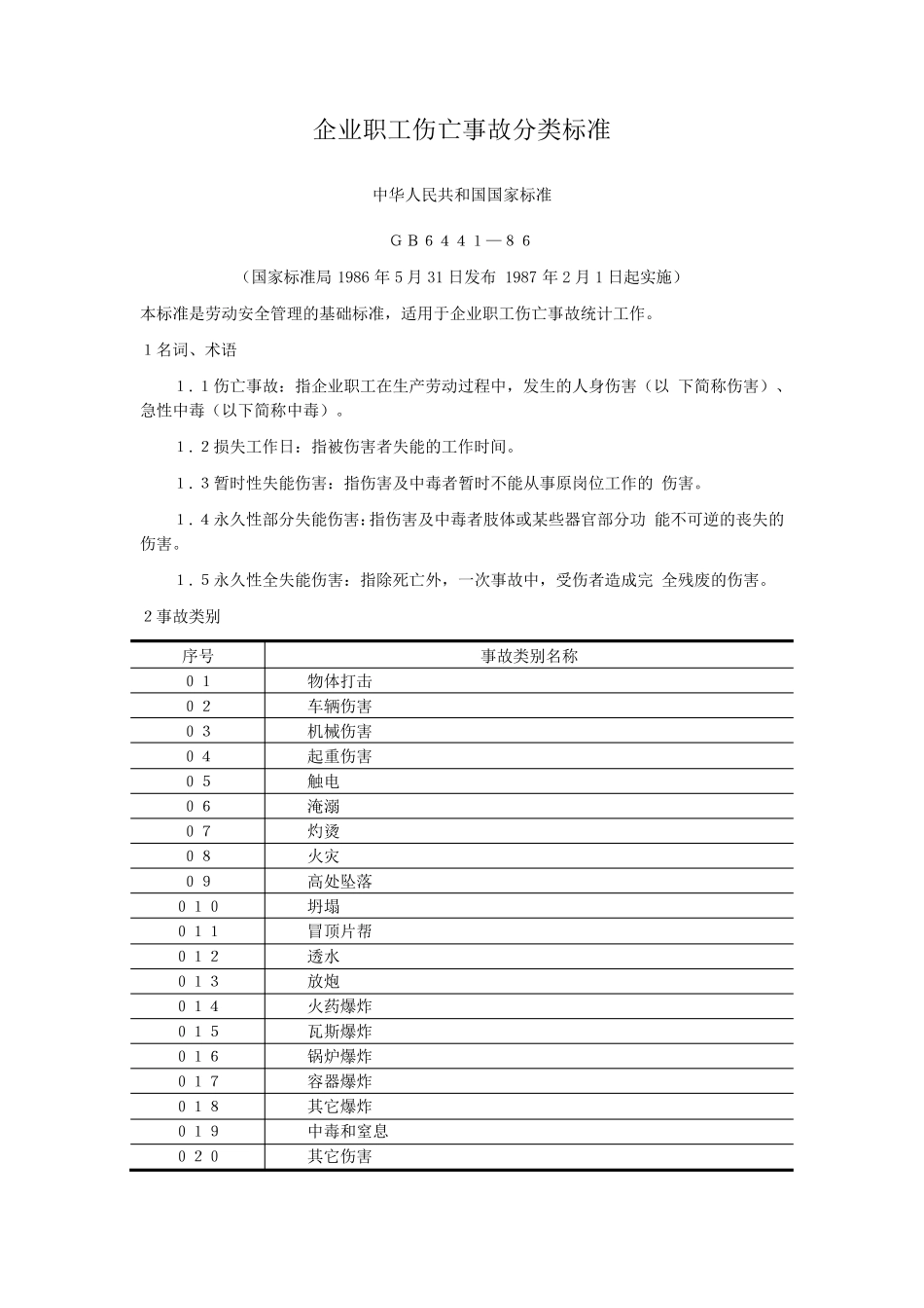 1986《企业职工伤亡事故分类标准》(GB64411986)_第1页