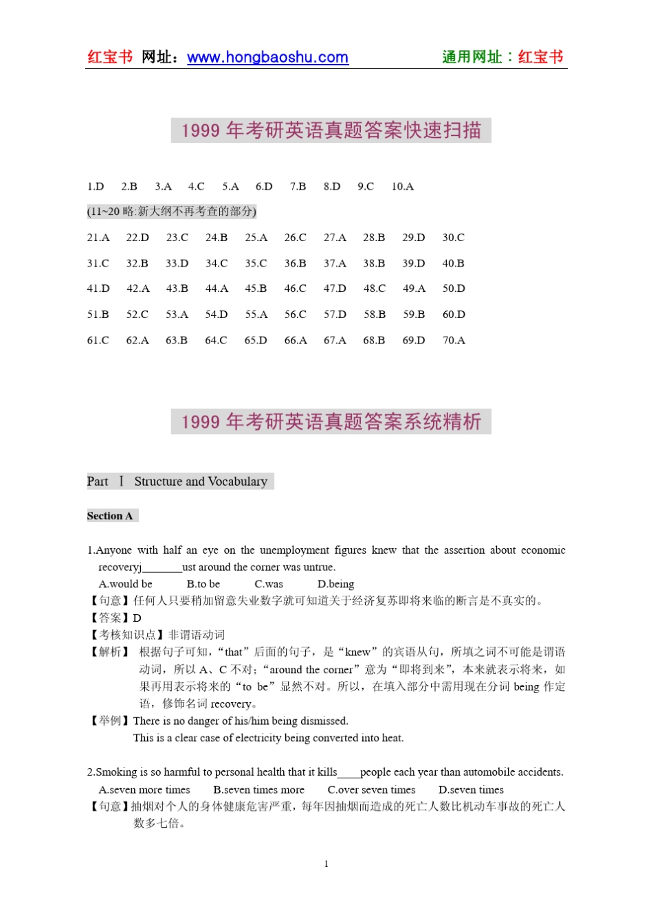 1999年考研英语真题答案及精析_第1页