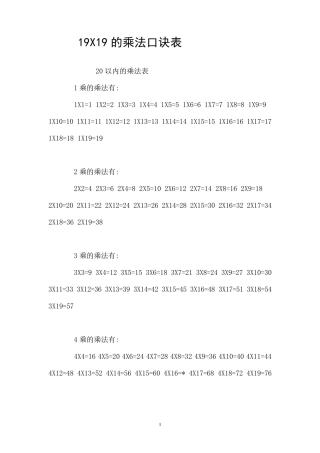 19X19的乘法口诀表