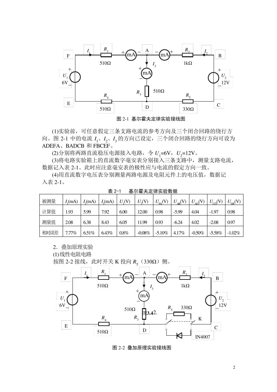 2.基尔霍夫定律和叠加原理的验证(实验报告答案)_第2页