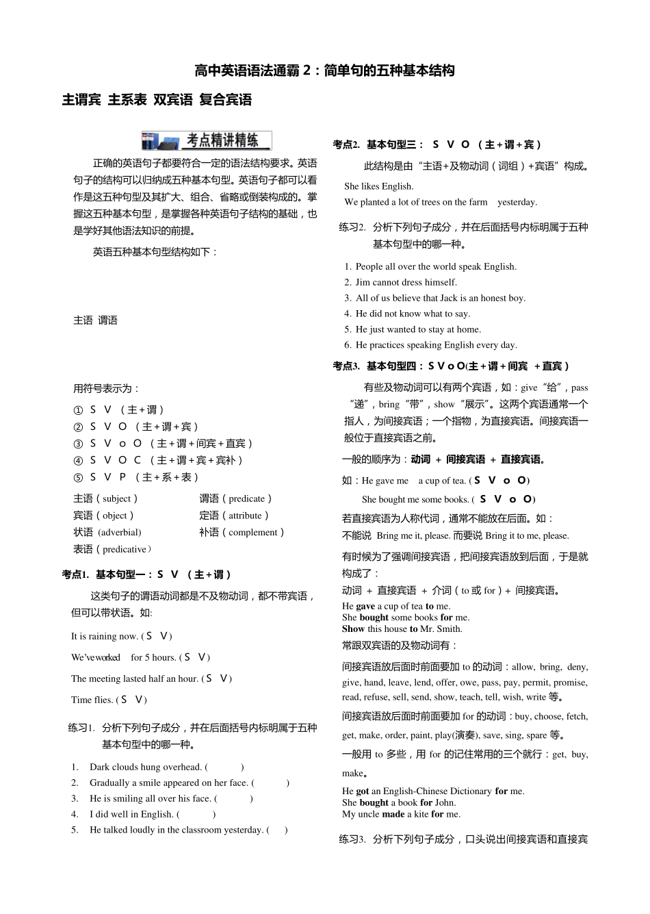 2.高中英语语法通霸简单句的五种基本结构_第1页