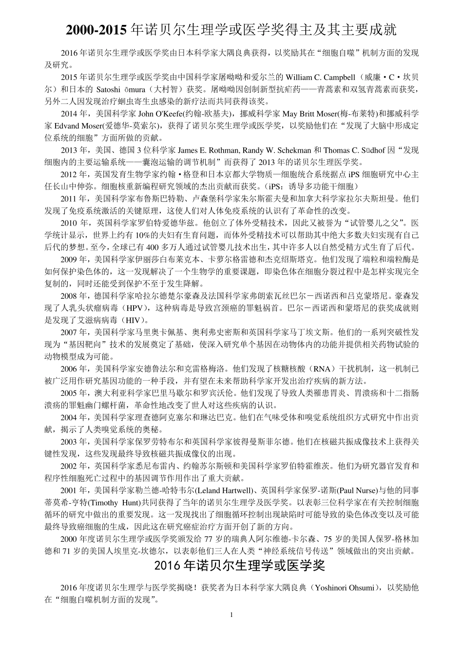 20002016年诺贝尔生理学或医学奖得主及其主要成就_第1页