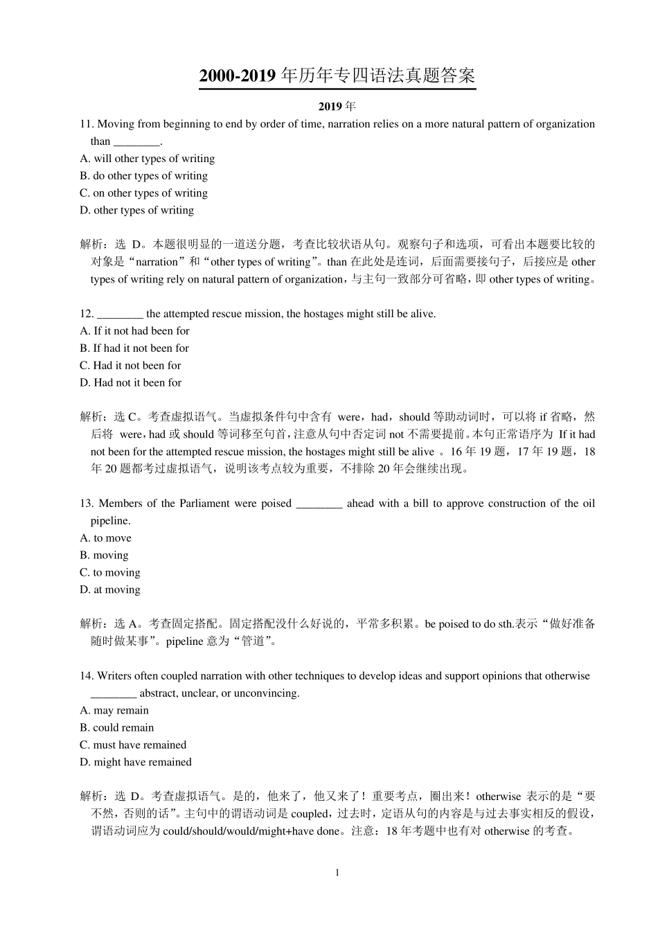 20002019历年专四语法真题参考答案_第1页