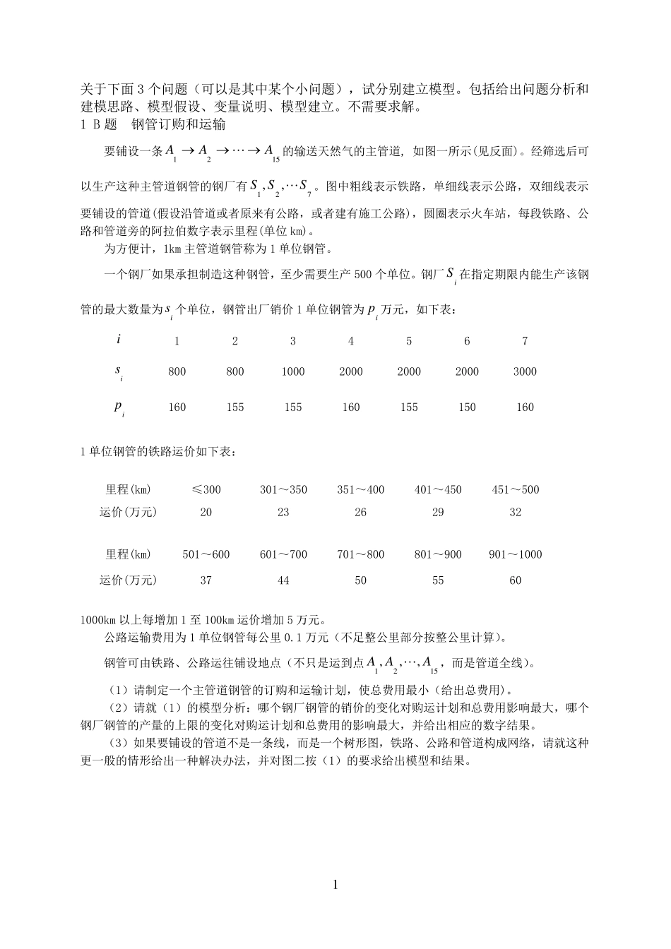 2000年数学建模B题钢管订购和运输_第1页