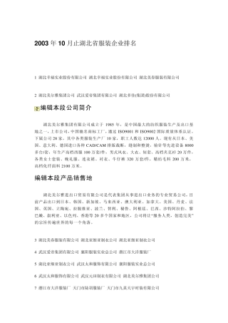 2003年10月止湖北省服装企业排名