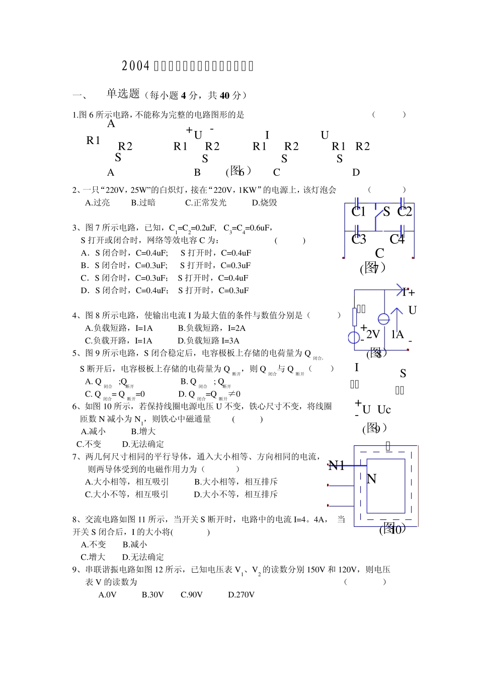 2004年湖南省普通高等学校对口招生考试电子电工类专业综合知识试题_第1页