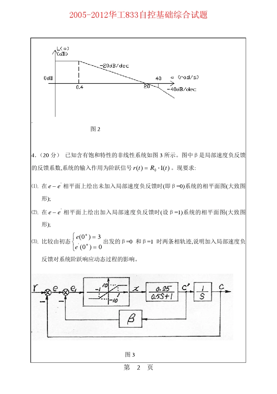 20052012年华南理工大学833自控基础综合(含自动控制原理、现代控制理论)考研试题_第2页