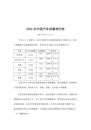 2006年中国汽车销量