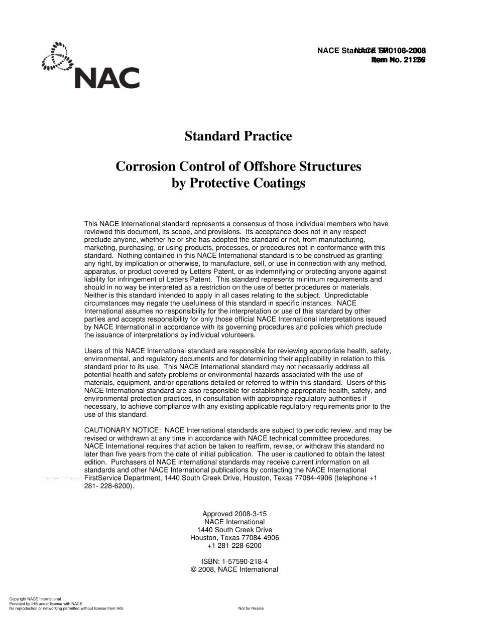 NACESP01082008标准规范—使用防护漆对海上平台结构进行防腐蚀控制_第1页